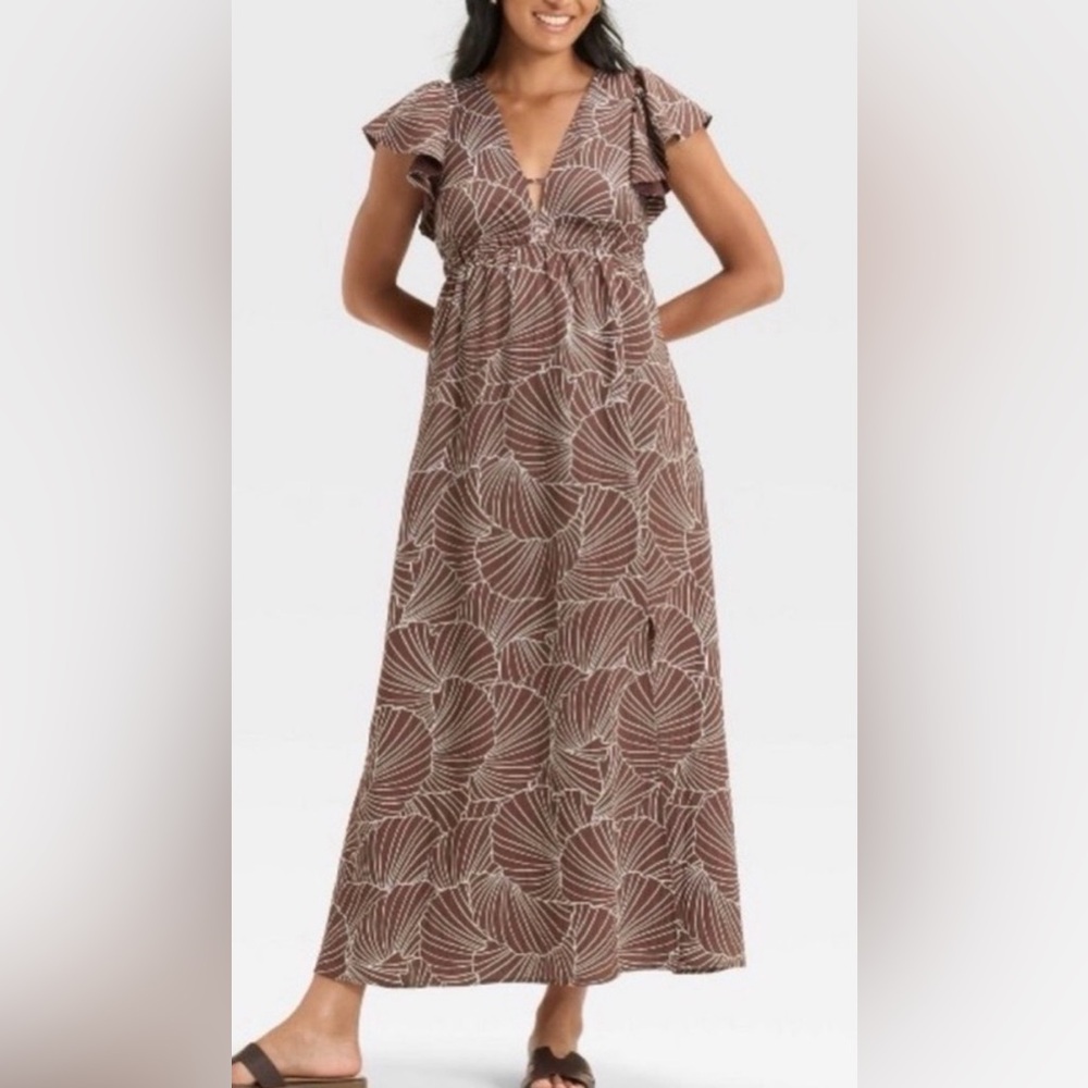 a new day Brown Leaf-Print V-Neck Maxi Dress